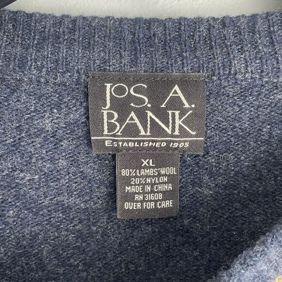 Jos A Bank Lambswool Sweater Men's XL Blue Gray Tan Argyle Crew Neck Preppy - Picture 3 of 10